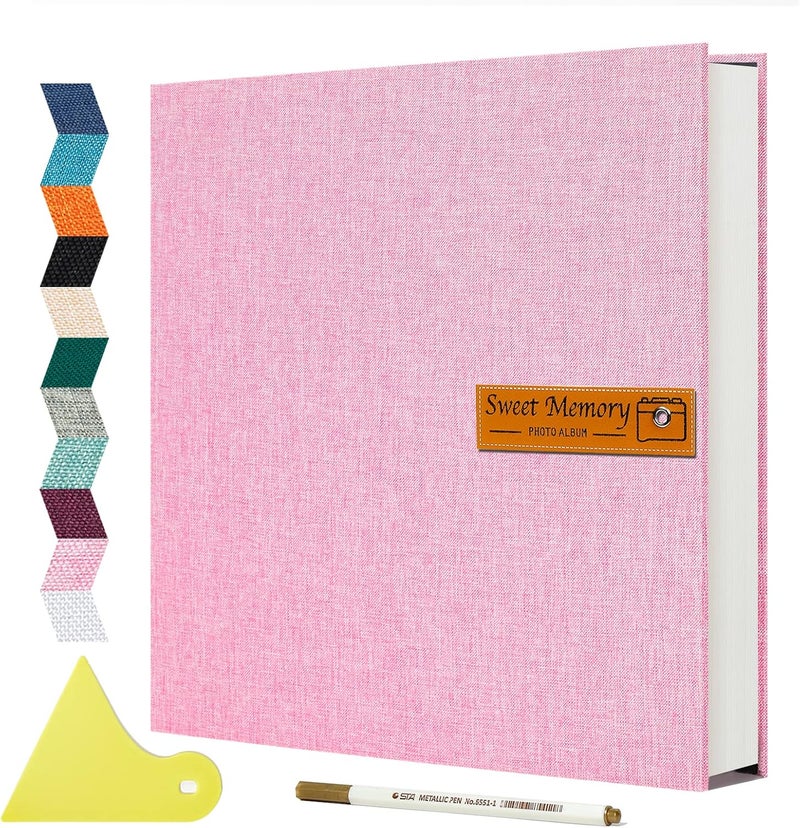 Spbapr ألبوم صور كبير لاصق ذاتي، ألبوم قصاصات DIY لصور 4x6 5x7 8x10، 40 صفحة غلاف قماش لكتاب الذكريات لحفلات الزفاف والعائلة والأطفال والحيوانات الأليفة، مع قلم معدني وأداة قص - Image 1